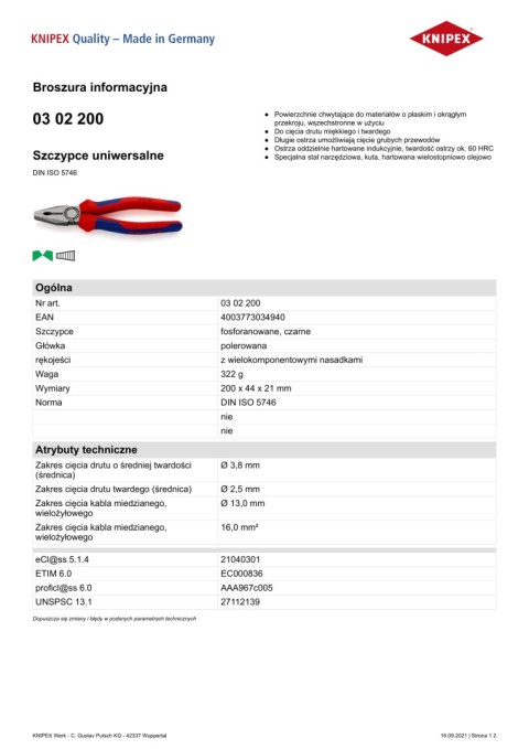 SZCZYPCE UNIWERSALNE PVC 200MM KNIPEX SZCZYPCE UNIWERSALNE PVC 200MM KNIPEX
