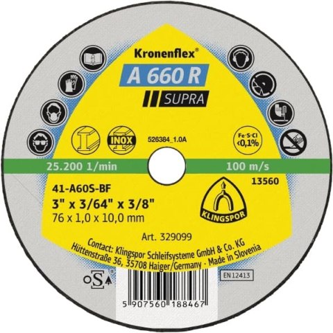 TARCZA PŁASKA A660R T1A 50*1*10MM 329097 KLINGSPOR TARCZA PŁASKA A660R T1A 50*1*10MM 329097 KLINGSPOR