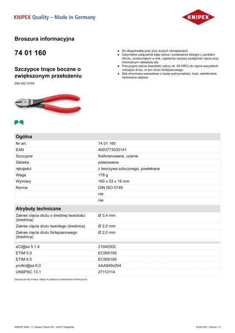 SZCZYPCE TNĄCE BOCZNE O ZWIĘKSZONYM PRZEŁOŻENIU 160MM KNIPEX SZCZYPCE TNĄCE BOCZNE O ZWIĘKSZONYM PRZEŁOŻENIU 160MM KNIPEX