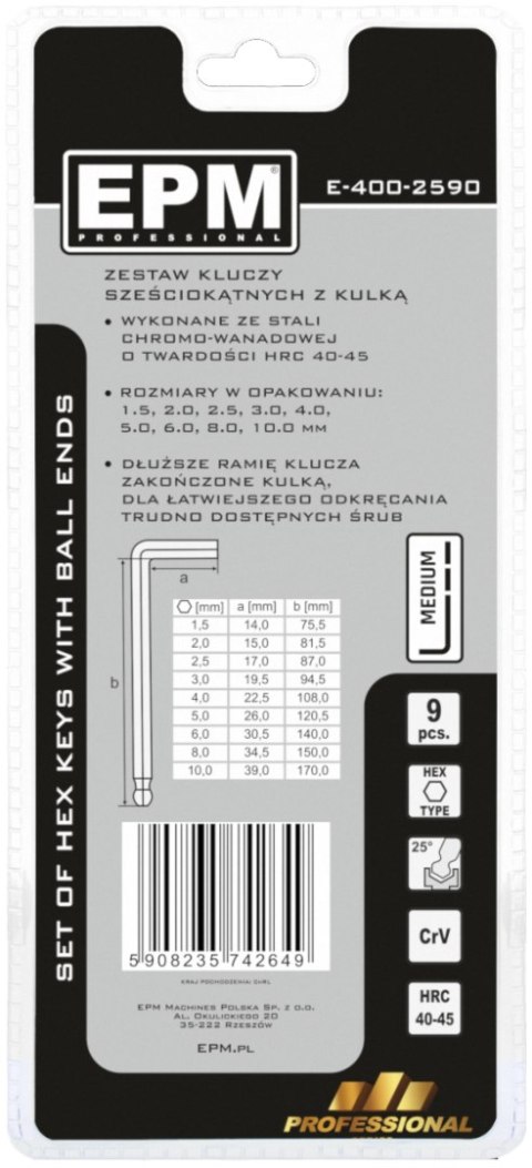 KOMPLET KLUCZY IMBUSOWY ''HEX'' TYP L 9SZT Z KULKĄ ŚREDNIE EPM KOMPLET KLUCZY IMBUSOWY ''HEX'' TYP L 9SZT Z KULKĄ ŚREDNIE EPM