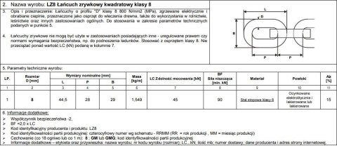 ŁAŃCUCH ZRYWKOWY PROFIL 'D' 8*28MM KL.8 LC45KN UN ŁAŃCUCH ZRYWKOWY PROFIL 'D' 8*28MM KL.8 LC45KN UN