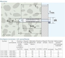 DYBEL UNIVERSALNY WKRĘT ŁEB SZEŚCIOKĄTNY GXS 10/80MM ARVEX