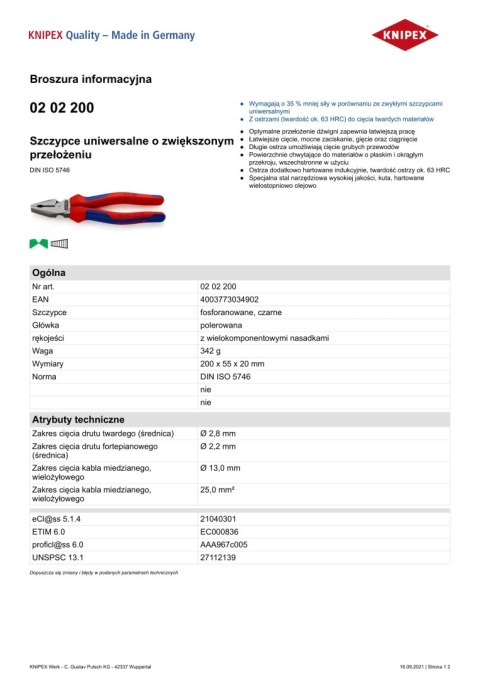 SZCZYPCE UNIWERSALNE 200MM KNIPEX SZCZYPCE UNIWERSALNE 200MM KNIPEX