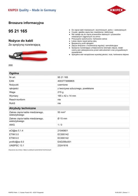NOŻYCE DO KABLI ZE SPRĘŻYNĄ ROZWIERAJĄCĄ 165MM KNIPEX NOŻYCE DO KABLI ZE SPRĘŻYNĄ ROZWIERAJĄCĄ 165MM KNIPEX