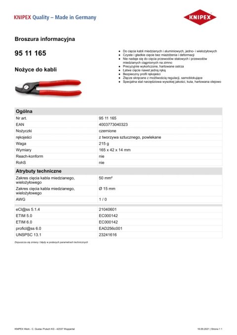 NOŻYCE DO KABLI 165MM KNIPEX NOŻYCE DO KABLI 165MM KNIPEX