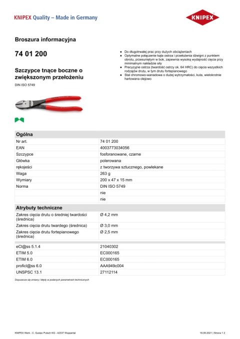 SZCZYPCE TNĄCE BOCZNE O ZWIĘKSZONYM PRZEŁOŻENIU 200MM KNIPEX SZCZYPCE TNĄCE BOCZNE O ZWIĘKSZONYM PRZEŁOŻENIU 200MM KNIPEX