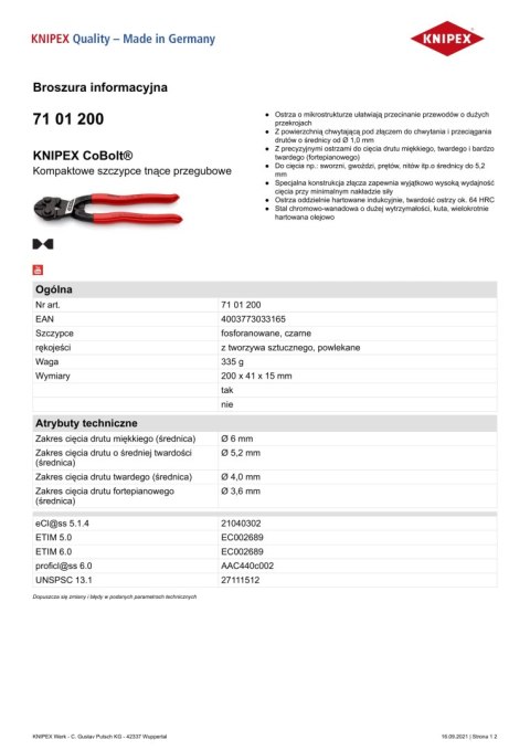 SZCZYPCE TNĄCE PRZEGUBOWE COBOLT 200MM KNIPEX SZCZYPCE TNĄCE PRZEGUBOWE COBOLT 200MM KNIPEX
