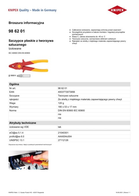 SZCZYPCE PŁASKIE Z TWORZYWA SZTUCZNEGO IZOLOWANE 180MM KNIPEX SZCZYPCE PŁASKIE Z TWORZYWA SZTUCZNEGO IZOLOWANE 180MM KNIPEX