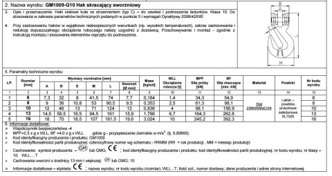 HAK SKRACAJĄCY SWORZNIOWY G10 16MM WLL 10T UN HAK SKRACAJĄCY SWORZNIOWY G10 16MM WLL 10T UN