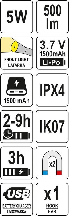 LATARKA ROBOCZA 500LM, LI-PO 3,7V 1500MAH YATO LATARKA ROBOCZA 500LM, LI-PO 3,7V 1500MAH YATO