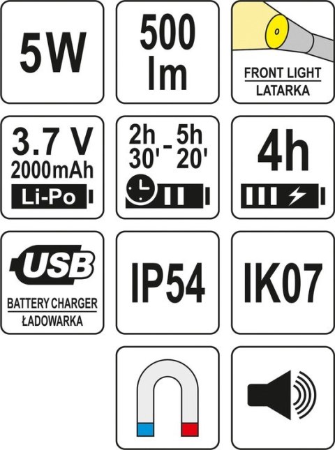 LATARKA ROBOCZA 500LM, LI-PO 3,7V 2000MAH, 3W1 YATO LATARKA ROBOCZA 500LM, LI-PO 3,7V 2000MAH, 3W1 YATO
