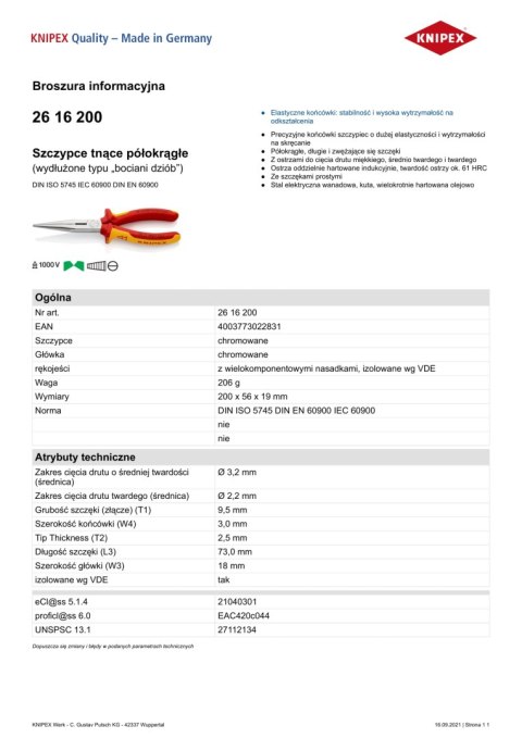 SZCZYPCE TNĄCE PÓŁOKRĄGŁE IZOLOWANE 200MM KNIPEX SZCZYPCE TNĄCE PÓŁOKRĄGŁE IZOLOWANE 200MM KNIPEX