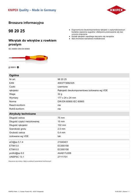 WKRĘTAK PŁASKI Z IZOLACJĄ 1000V 75MM 2.5 MM KNIPEX WKRĘTAK PŁASKI Z IZOLACJĄ 1000V 75MM 2.5 MM KNIPEX