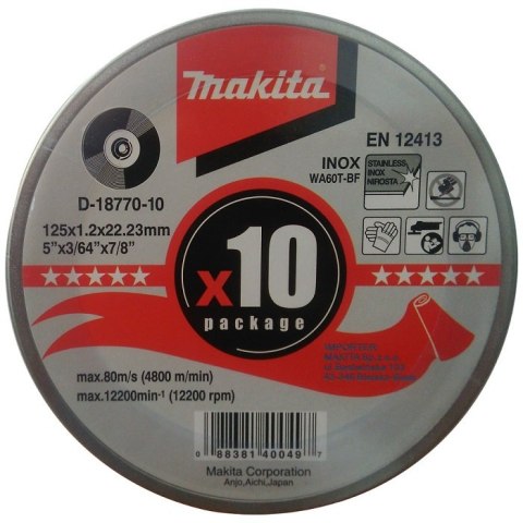 TARCZA TNĄCA INOX 125*1.2 WA60T PŁASKA 10 SZT MAKITA TARCZA TNĄCA INOX 125*1.2 WA60T PŁASKA 10 SZT MAKITA