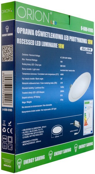 PANEL LED PODTYNKOWY OKRĄGŁY SLIM 18W, 1440LM, 225MM ORION PANEL LED PODTYNKOWY OKRĄGŁY SLIM 18W, 1440LM, 225MM ORION