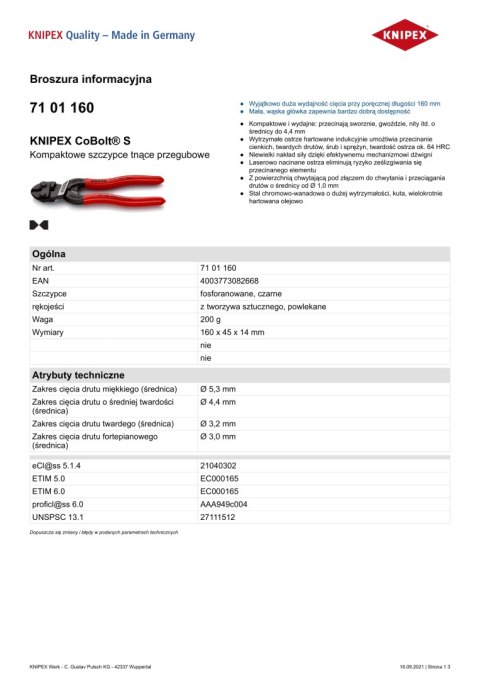 SZCZYPCE TNĄCE PRZEGUBOWE COBOLT 160MM KNIPEX SZCZYPCE TNĄCE PRZEGUBOWE COBOLT 160MM KNIPEX