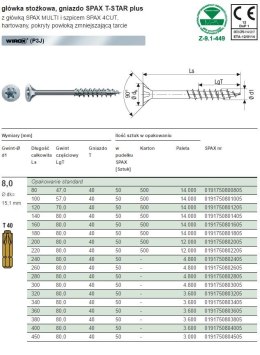 WKRĘT Z ŁBEM STOŻKOWYM 8*220MM TX WIROX SPAX SPAX