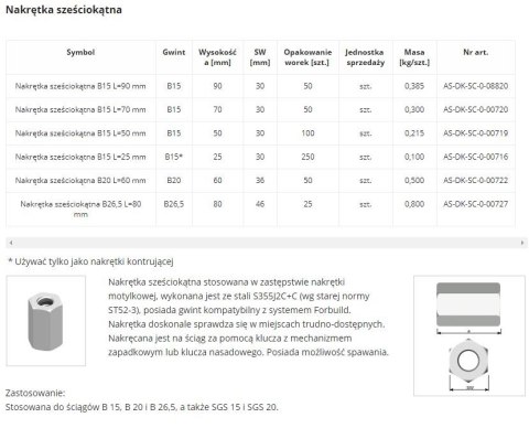 NAKRĘTKA SZEŚCIOKĄTNA SPAWALNA B15 L=70MM UN NAKRĘTKA SZEŚCIOKĄTNA SPAWALNA B15 L=70MM UN