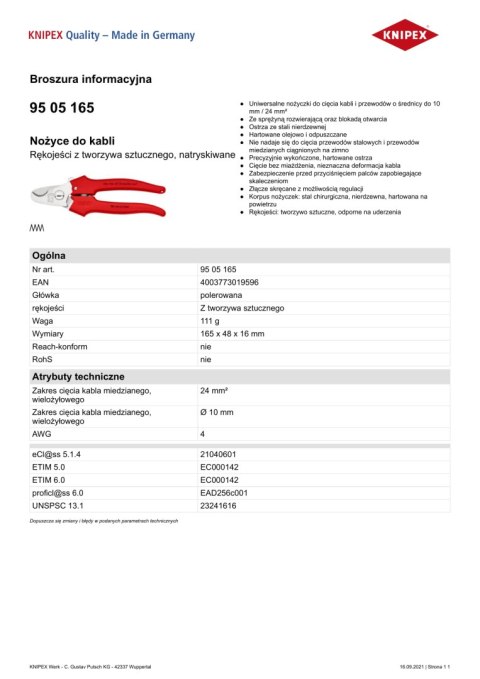 NOŻYCE DO KABLI 165MM, RĘKOJEŚĆ Z TWORZYWA KNIPEX NOŻYCE DO KABLI 165MM, RĘKOJEŚĆ Z TWORZYWA KNIPEX