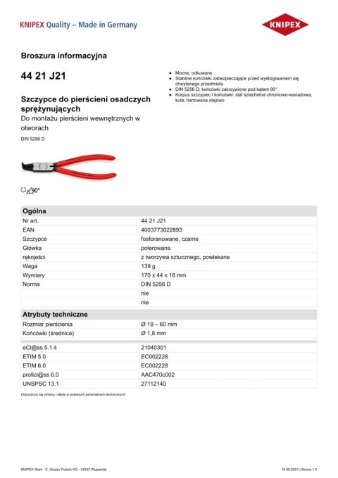 SZCZYPCE DO PIERŚCIENI SEGERA WYGIĘTE 90° WEWNĘTRZNE 170MM KNIPEX SZCZYPCE DO PIERŚCIENI SEGERA WYGIĘTE 90° WEWNĘTRZNE 170MM KNIPEX