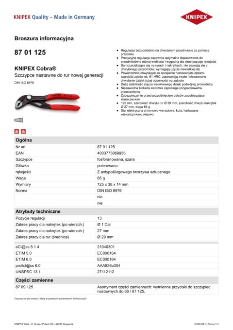 SZCZYPCE DO RUR COBRA 125MM KNIPEX SZCZYPCE DO RUR COBRA 125MM KNIPEX
