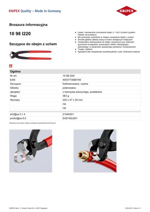 SZCZYPCE DO MONTAŻU OPASEK ZACISKOWYCH OETIKER KNIPEX SZCZYPCE DO MONTAŻU OPASEK ZACISKOWYCH OETIKER KNIPEX