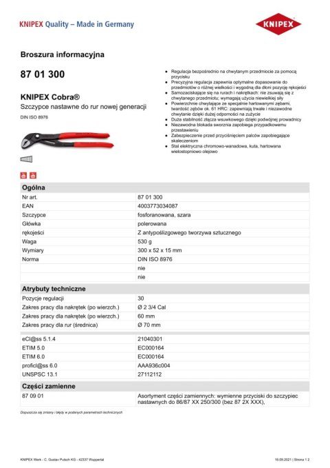 SZCZYPCE DO RUR COBRA 300MM KNIPEX SZCZYPCE DO RUR COBRA 300MM KNIPEX