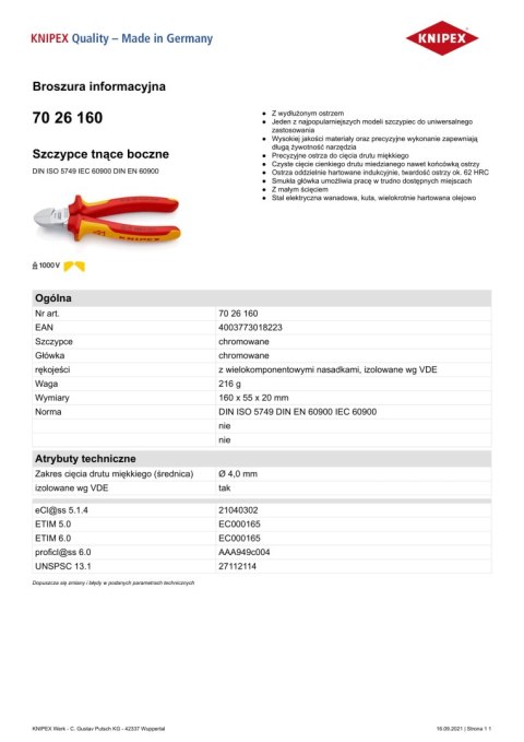 SZCZYPCE TNĄCE BOCZNE IZOLOWANE 160MM KNIPEX SZCZYPCE TNĄCE BOCZNE IZOLOWANE 160MM KNIPEX
