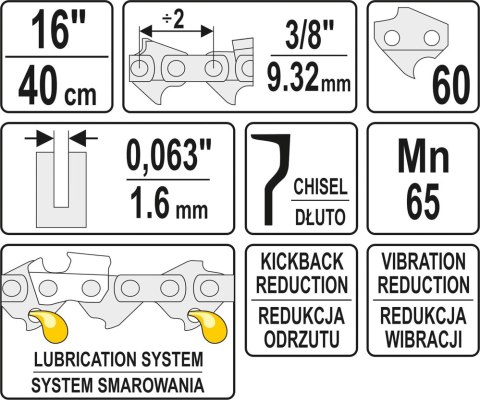ŁAŃCUCH TNĄCY DO PILARKI 16'' 3/8' 1,6MM 60Z YATO ŁAŃCUCH TNĄCY DO PILARKI 16'' 3/8' 1,6MM 60Z YATO