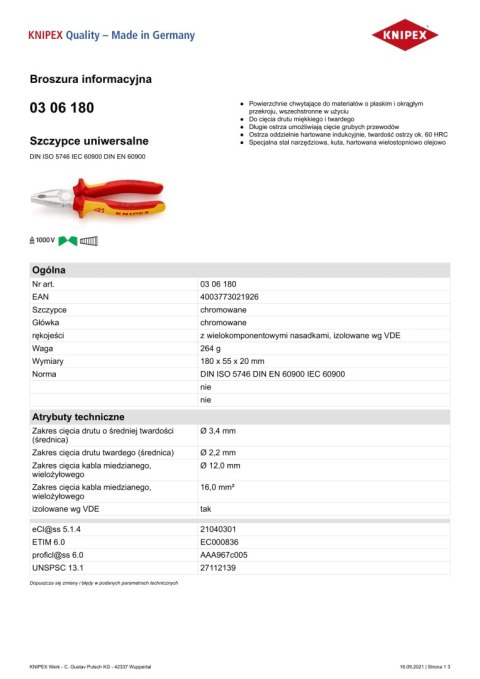 SZCZYPCE UNIWERSALNE IZOLOWANE VDE 180MM KNIPEX SZCZYPCE UNIWERSALNE IZOLOWANE VDE 180MM KNIPEX