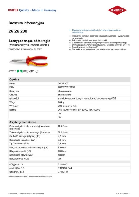 SZCZYPCE IZOLOWANE WYDŁUŻONE WYGIĘTE TNĄCE PÓŁOKRĄGŁE 200MM KNIPEX SZCZYPCE IZOLOWANE WYDŁUŻONE WYGIĘTE TNĄCE PÓŁOKRĄGŁE 200MM KNIPEX
