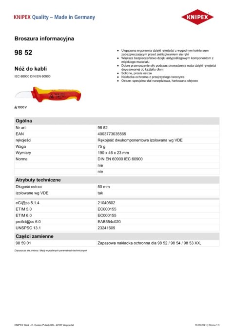 NÓŻ DO KABLI IZOLOWANY 1000V 190MM KNIPEX NÓŻ DO KABLI IZOLOWANY 1000V 190MM KNIPEX