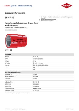 NASADKA SZEŚCIOKĄTNA DO ŚRUB Z ŁBEM SZEŚCIOKĄTNYM 1/2' 19MM KNIPEX