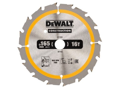 PIŁA TARCZOWA DO DREWNA 165/20MM, 16 ZĘBÓW DEWALT PIŁA TARCZOWA DO DREWNA 165/20MM, 16 ZĘBÓW DEWALT