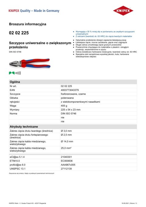 SZCZYPCE UNIWERSALNE 225MM KNIPEX SZCZYPCE UNIWERSALNE 225MM KNIPEX