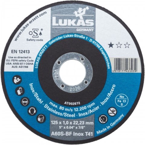 TARCZA PŁASKA T1A 100*1.0*16.00 A60S-BF INOX LUKAS TARCZA PŁASKA T1A 100*1.0*16.00 A60S-BF INOX LUKAS