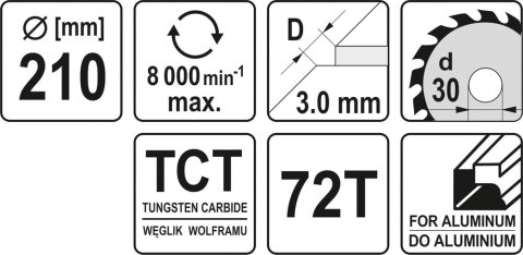 TARCZA WIDIOWA DO ALUMINIUM 210*30MM 72 ZĘBY YATO TARCZA WIDIOWA DO ALUMINIUM 210*30MM 72 ZĘBY YATO