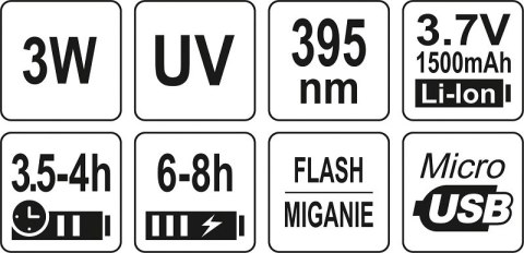 ZESTAW LATARKA UV AKUMULATOROWA 3W + OKULARY YATO ZESTAW LATARKA UV AKUMULATOROWA 3W + OKULARY YATO