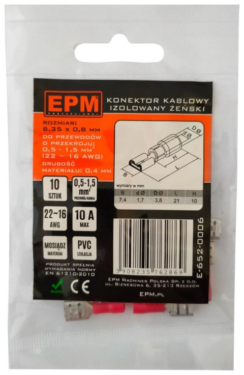 KOŃCÓWKA NASUWKA IZOLOWANA 0.5-1.5MM 0.8-6.35 10 SZTUK EPM KOŃCÓWKA NASUWKA IZOLOWANA 0.5-1.5MM 0.8-6.35 10 SZTUK EPM