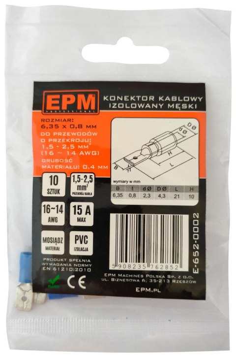KOŃCÓWKA WSUWANA IZOLOWANA 1.5-2.5MM 0.8-6.35 10 SZTUK EPM KOŃCÓWKA WSUWANA IZOLOWANA 1.5-2.5MM 0.8-6.35 10 SZTUK EPM