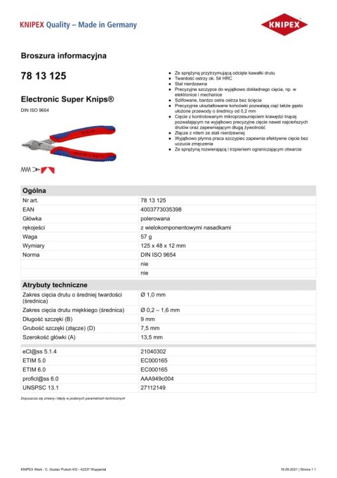 SZCZYPCE TNĄCE BOCZNE PRECYZYJNE SUPER KNIPS 125MM KNIPEX SZCZYPCE TNĄCE BOCZNE PRECYZYJNE SUPER KNIPS 125MM KNIPEX