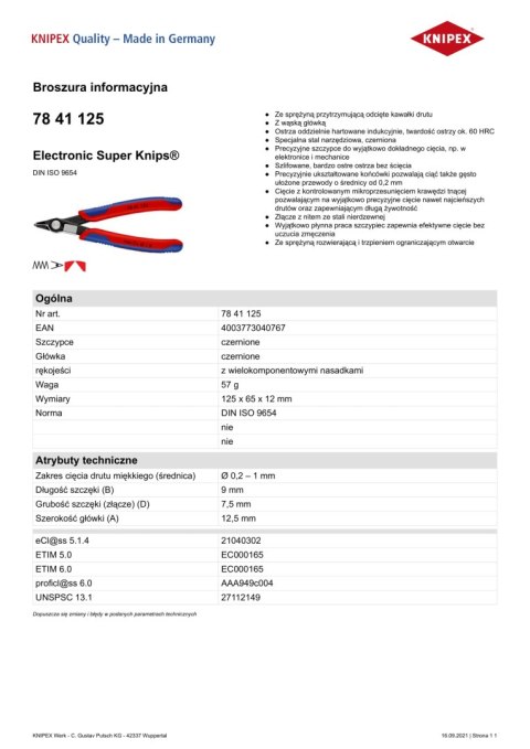 SZCZYPCE TNĄCE BOCZNE ZE SPRĘŻYNKĄ IZOLOWANE 125MM KNIPEX SZCZYPCE TNĄCE BOCZNE ZE SPRĘŻYNKĄ IZOLOWANE 125MM KNIPEX