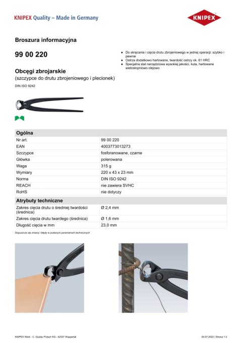 OBCĘGI ZBROJARSKIE DO DRUTU ZBROJENIOWEGO I PLECIONEK 220MM KNIPEX OBCĘGI ZBROJARSKIE DO DRUTU ZBROJENIOWEGO I PLECIONEK 220MM KNIPEX