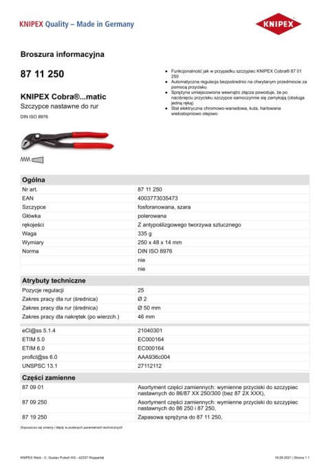 SZCZYPCE DO RUR COBRA NASTAWNE 250MM KNIPEX SZCZYPCE DO RUR COBRA NASTAWNE 250MM KNIPEX