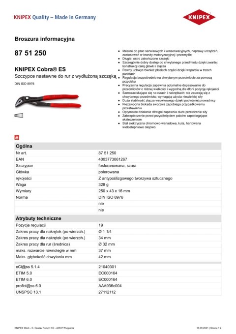 SZCZYPCE DO RUR COBRA Z WYDŁUŻONĄ SZCĘKĄ 250MM KNIPEX SZCZYPCE DO RUR COBRA Z WYDŁUŻONĄ SZCĘKĄ 250MM KNIPEX