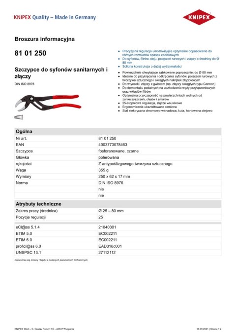 SZCZYPCE DO SYFONÓW SANITARNYCH I ZŁĄCZY 250MM, 25-80MM KNIPEX SZCZYPCE DO SYFONÓW SANITARNYCH I ZŁĄCZY 250MM, 25-80MM KNIPEX