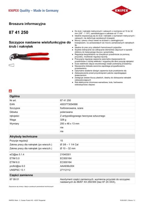 SZCZYPCE NASTAWNE WIELOFUNKCYJNE DO ŚRUB I NAKRĘTEK 250MM KNIPEX SZCZYPCE NASTAWNE WIELOFUNKCYJNE DO ŚRUB I NAKRĘTEK 250MM KNIPEX