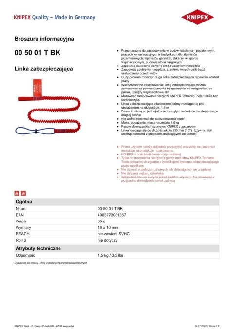 LINKA ZABEZPIECZAJĄCA 1.5M KNIPEX LINKA ZABEZPIECZAJĄCA 1.5M KNIPEX