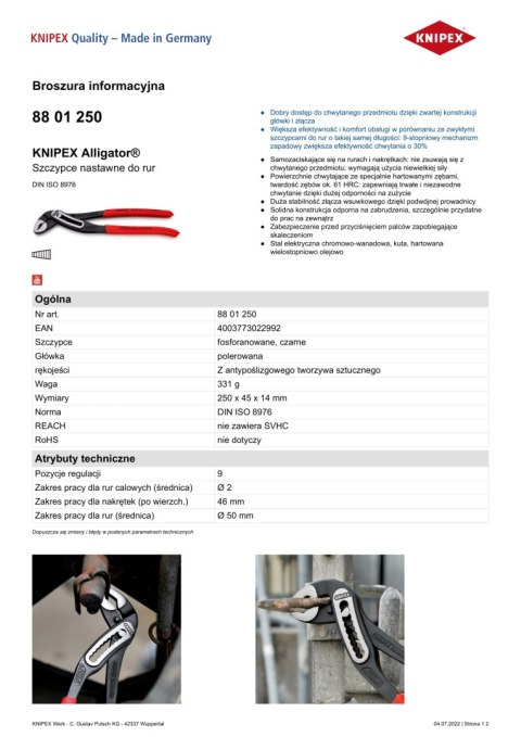 SZCZYPCE DO RUR ALIGATOR 250MM KNIPEX SZCZYPCE DO RUR ALIGATOR 250MM KNIPEX