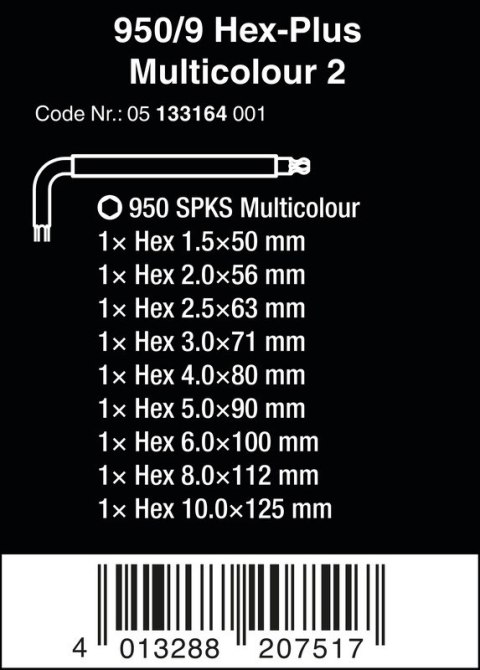 ZESTAW KLUCZY TRZPIENIOWYCH 950/9 HEX-PLUS MULTICOLOUR WERA ZESTAW KLUCZY TRZPIENIOWYCH 950/9 HEX-PLUS MULTICOLOUR WERA